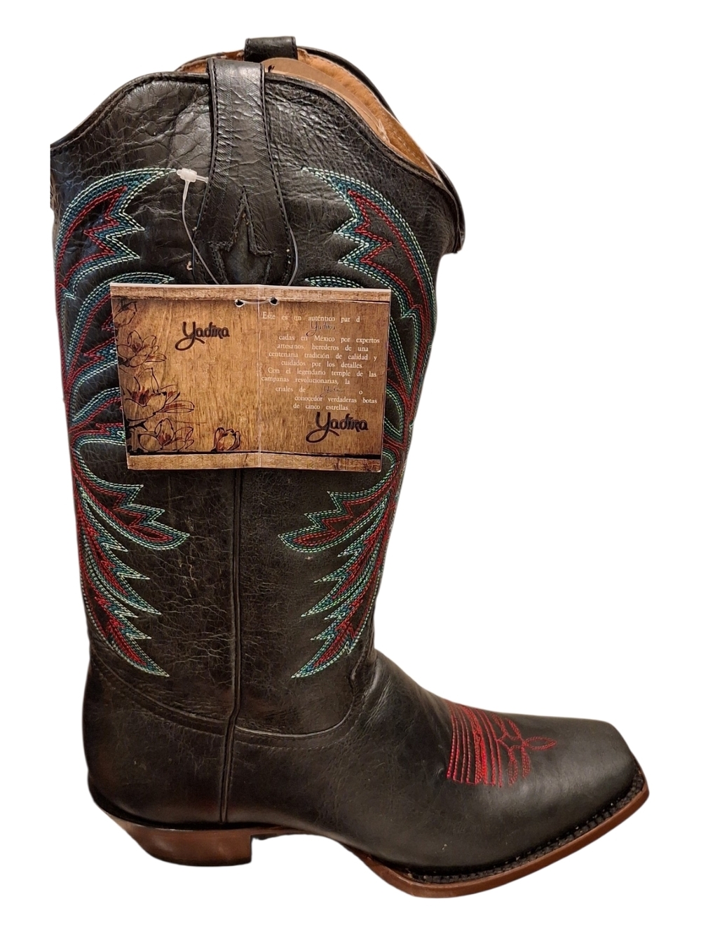 Women's Black Western Heeled Boots with Red & Teal Stitching